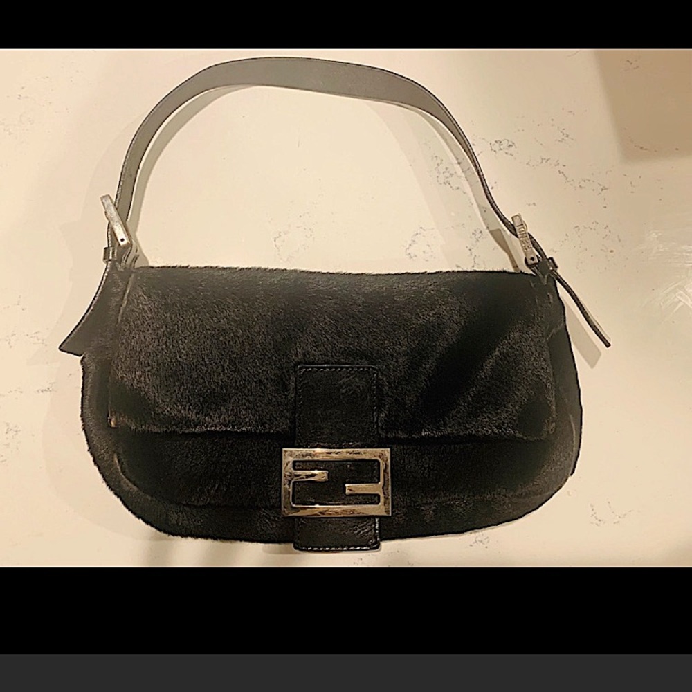 Fendi black pony hair baguette
